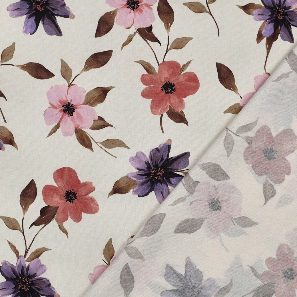 Bald erhältlich - Baumwoll Viskose digital Blumen ecru