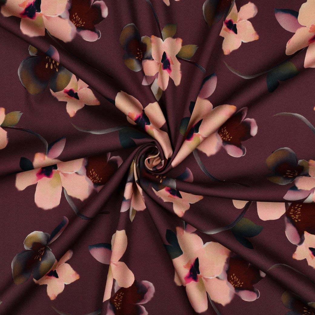 Rosella Stretch digital Blumen aubergine