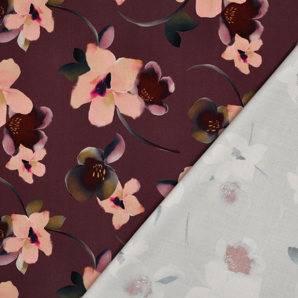 Rosella Stretch digital Blumen aubergine
