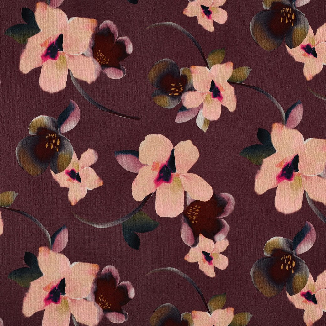 Rosella Stretch digital Blumen aubergine