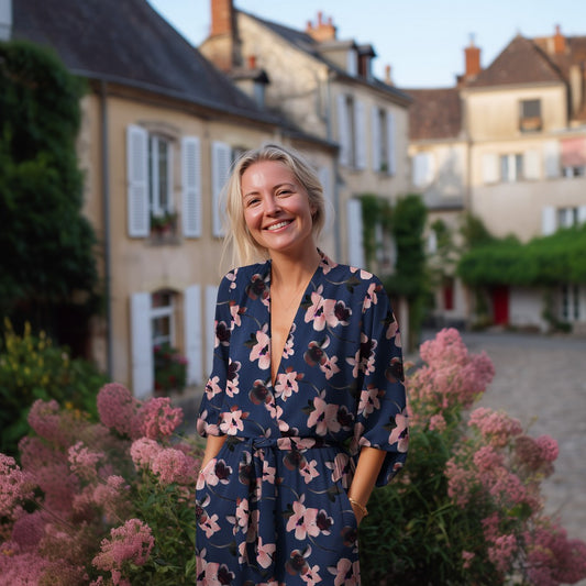 Bald erhältlich - Rosella Stretch digital Blumen blau