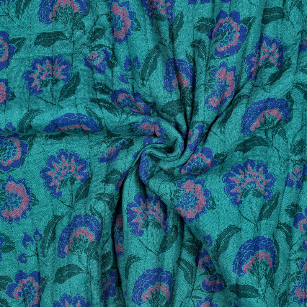 Musselin Stepper Doublesided Blumen petrol