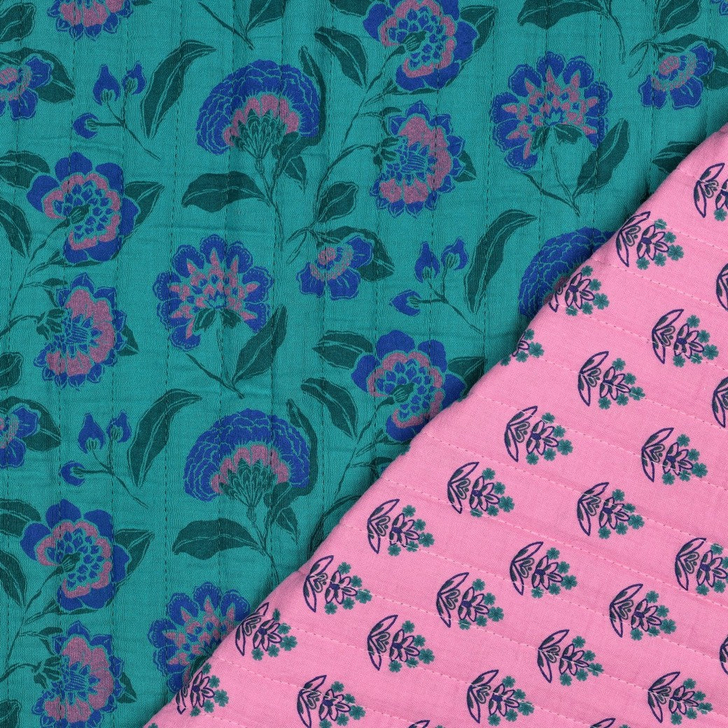 Musselin Stepper Doublesided Blumen petrol