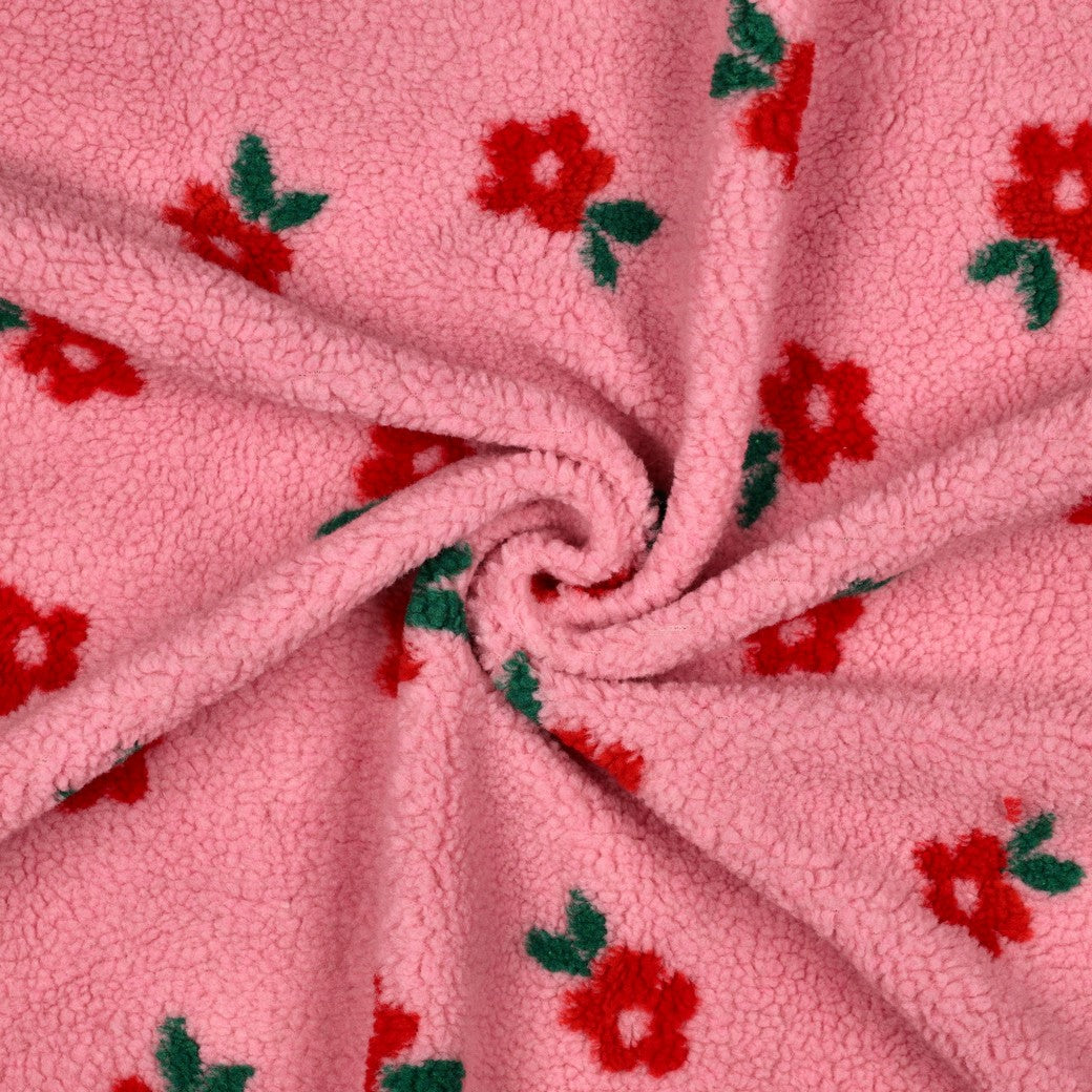 Teddystoff Jacquard Blumen rosa rot