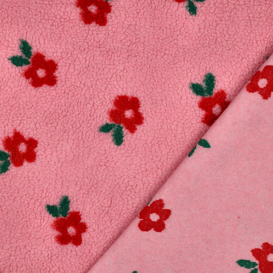 Teddystoff Jacquard Blumen rosa rot