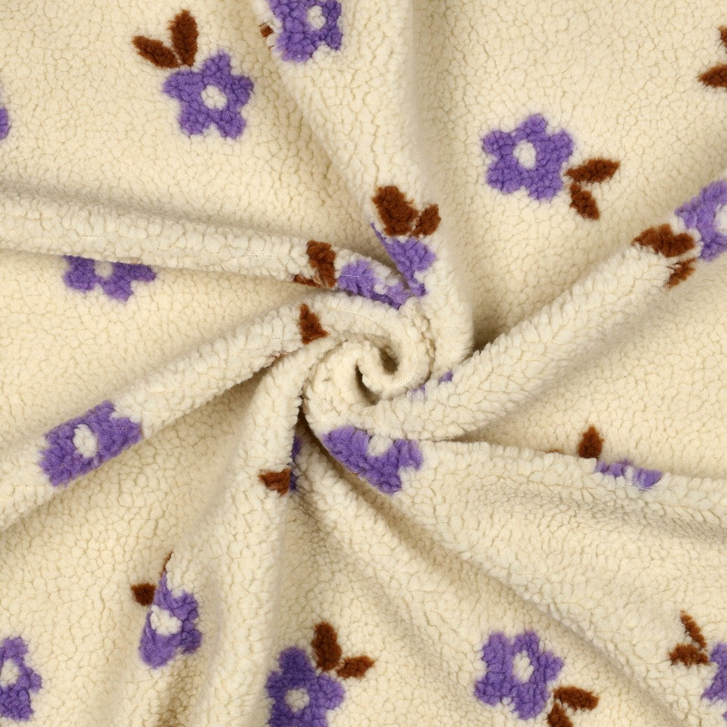 Teddystoff Jacquard Blumen ecru flieder - Poppy Magazin