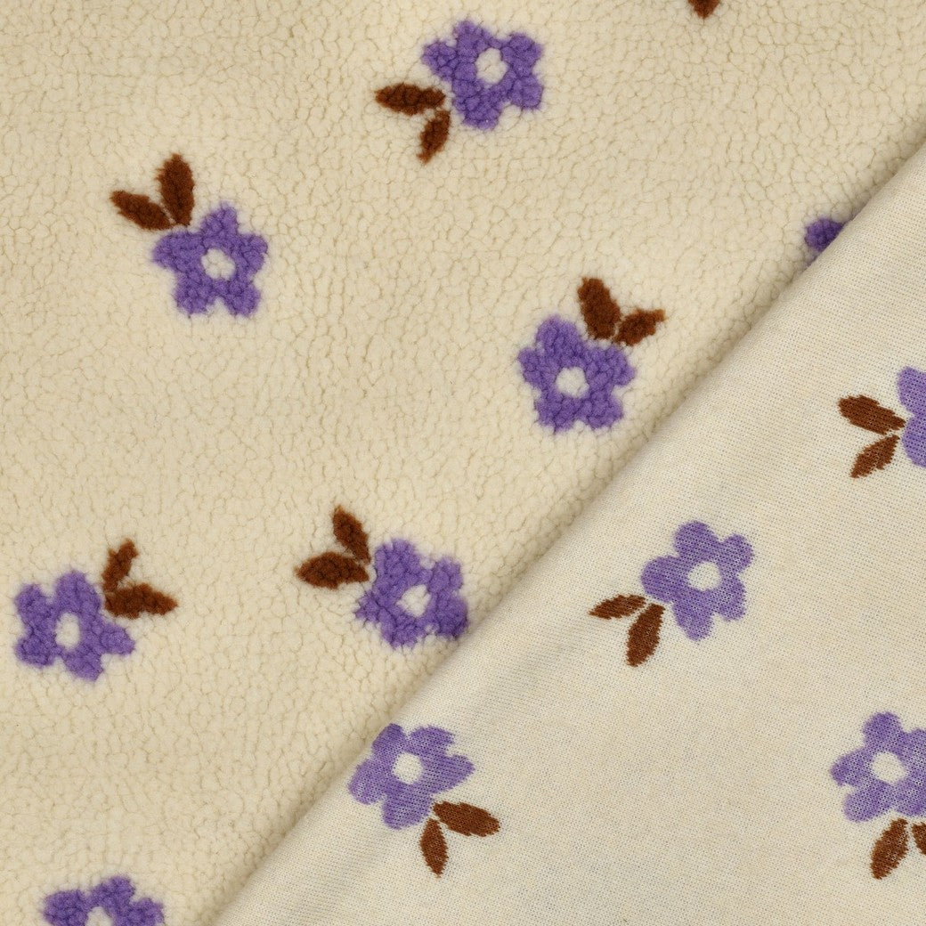 Teddystoff Jacquard Blumen ecru flieder - Poppy Magazin