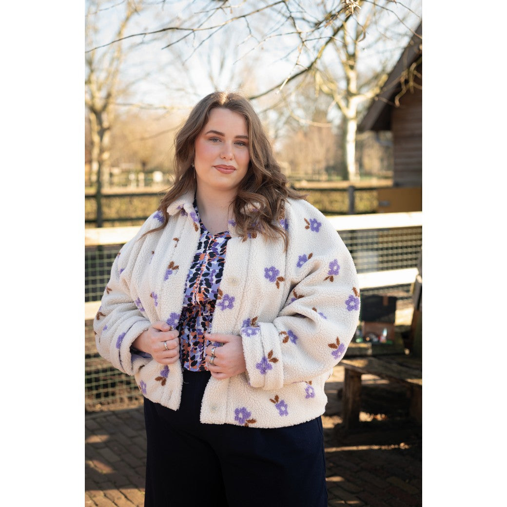 Teddystoff Jacquard Blumen ecru flieder - Poppy Magazin