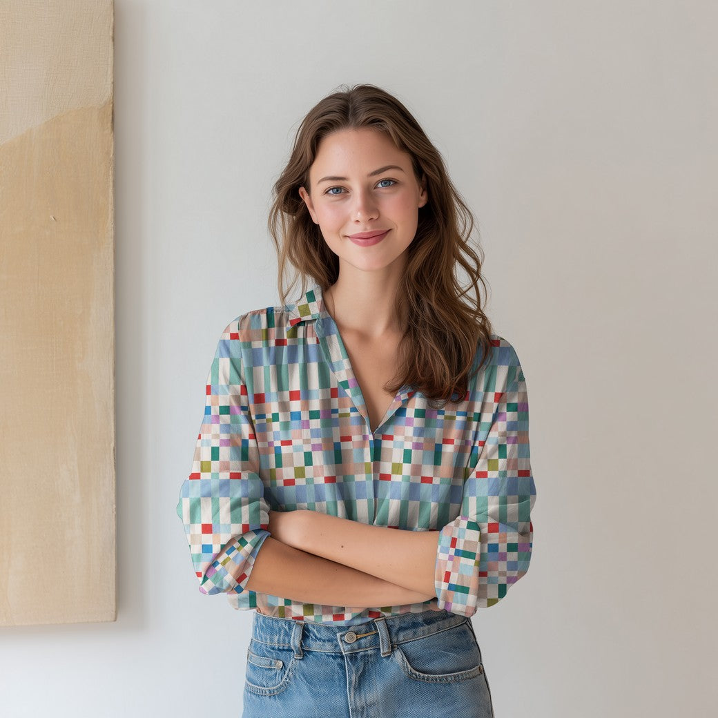 Bald erhältlich - Viskose Bluse digital Abstrakt karo bunt