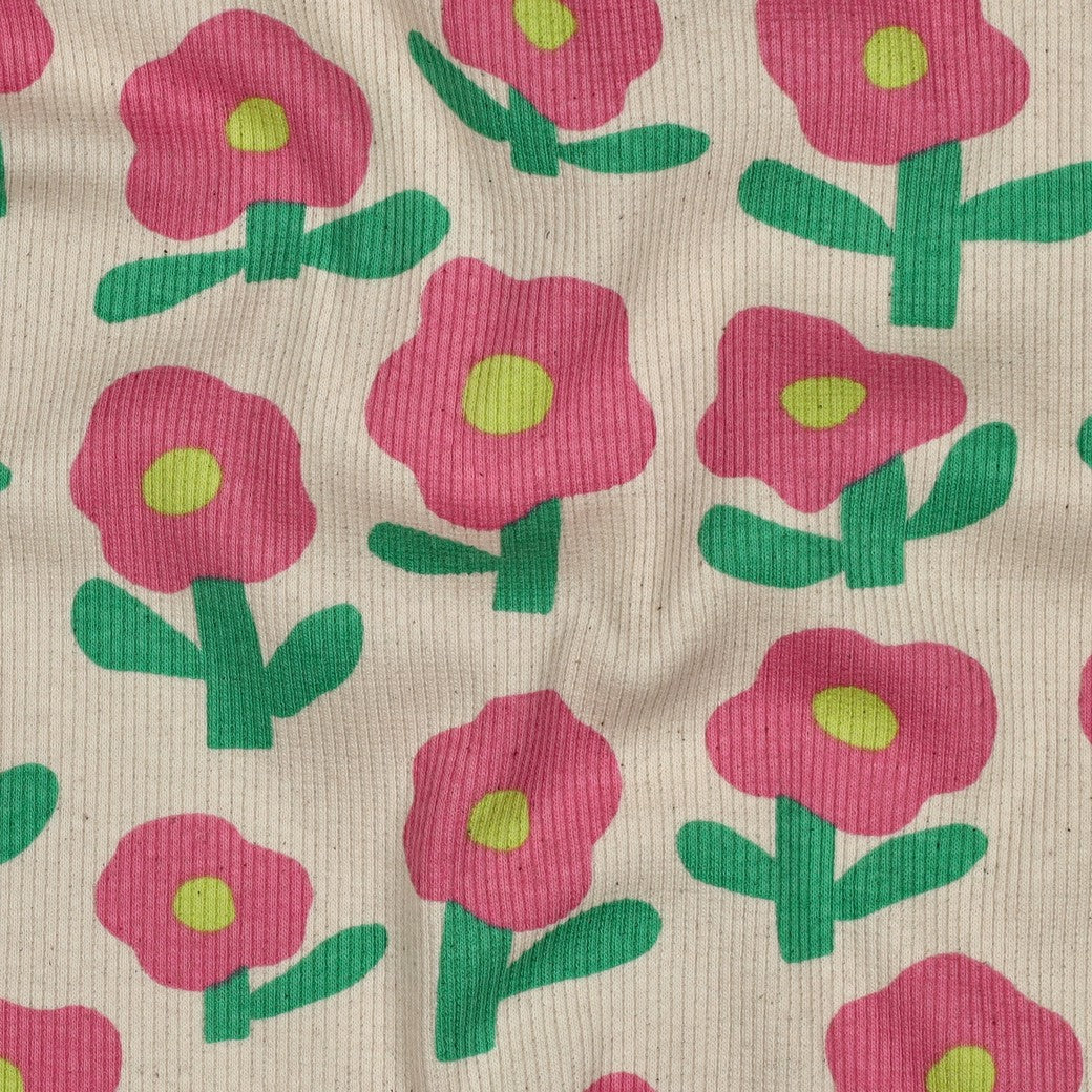 Jersey Rippenjersey Bio Blumen by Jennifer Bouron natur rosa grün