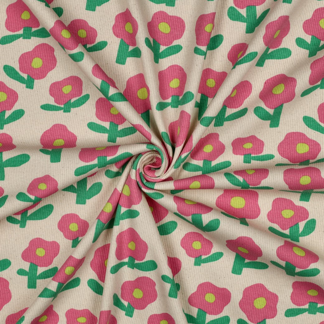 Jersey Rippenjersey Bio Blumen by Jennifer Bouron natur rosa grün