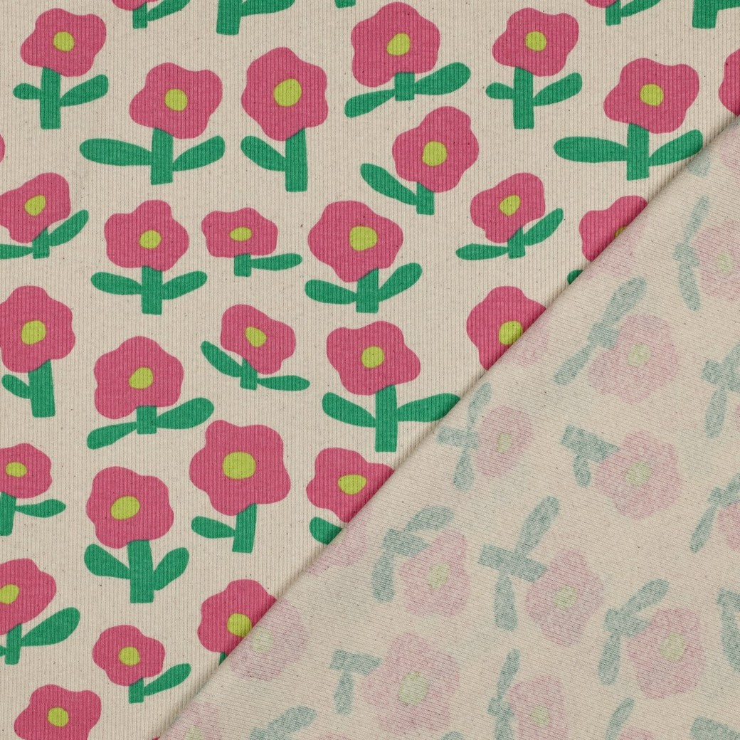 Jersey Rippenjersey Bio Blumen by Jennifer Bouron natur rosa grün