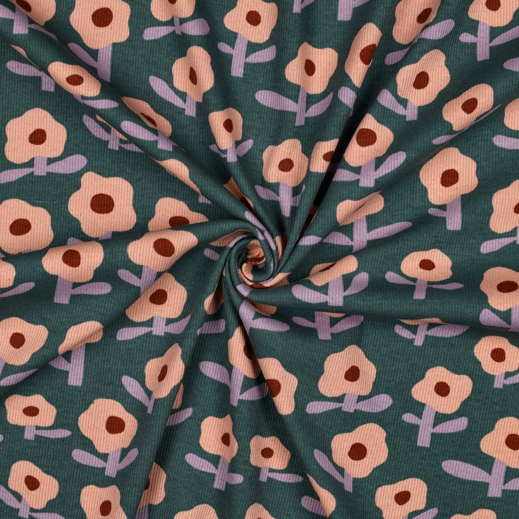 Jersey Rippenjersey Bio Blumen by Jennifer Bouron grün pfirsich
