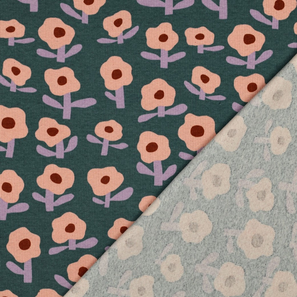 Jersey Rippenjersey Bio Blumen by Jennifer Bouron grün pfirsich