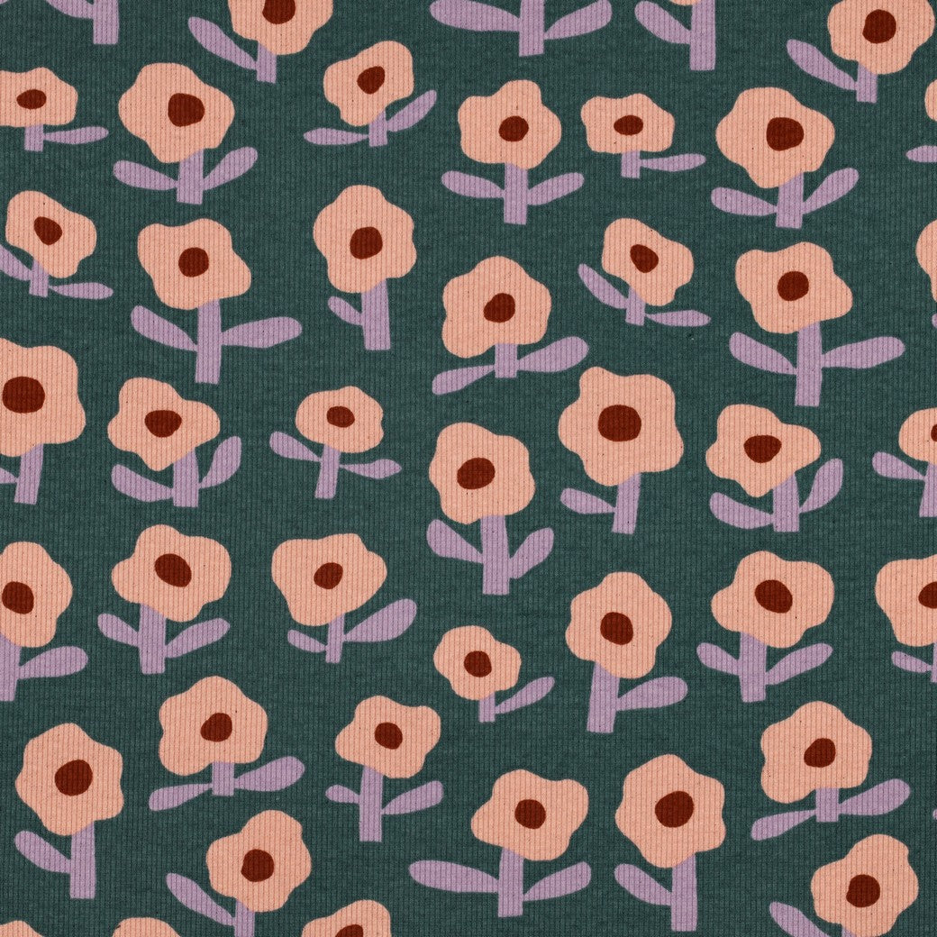 Jersey Rippenjersey Bio Blumen by Jennifer Bouron grün pfirsich