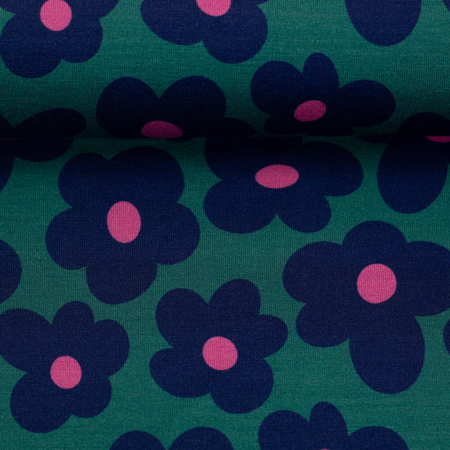 Viskosejersey Happy Flowers by cherry smaragd dunkelblau pink