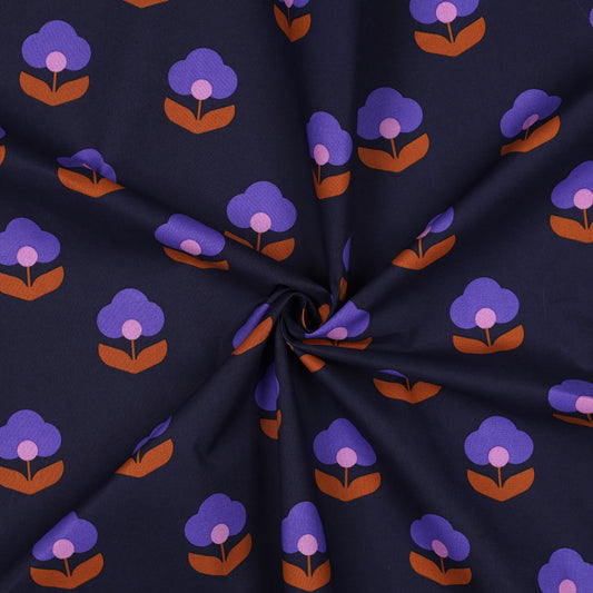 Beschichtete Baumwolle Retro Flowers navy
