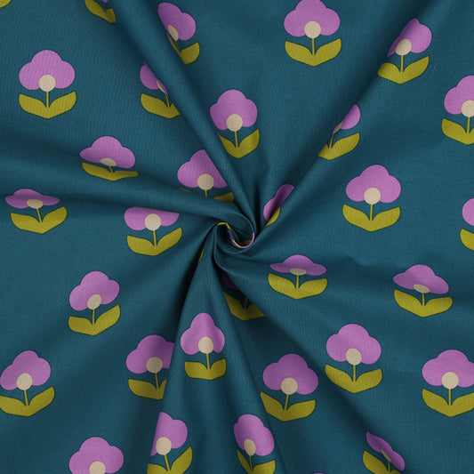 Beschichtete Baumwolle Retro Flowers petrol lilac