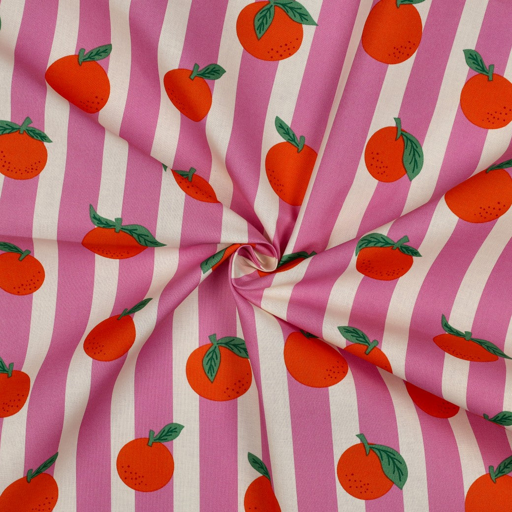 Beschichtete Baumwolle Früchte Orangen Streifen rosa