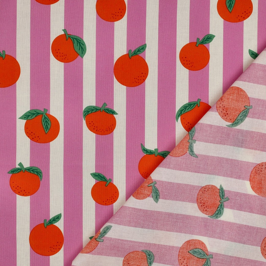Beschichtete Baumwolle Früchte Orangen Streifen rosa