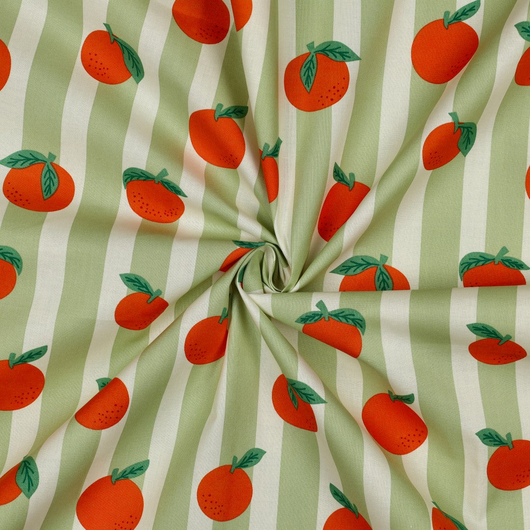 Beschichtete Baumwolle Früchte Orangen Streifen grün