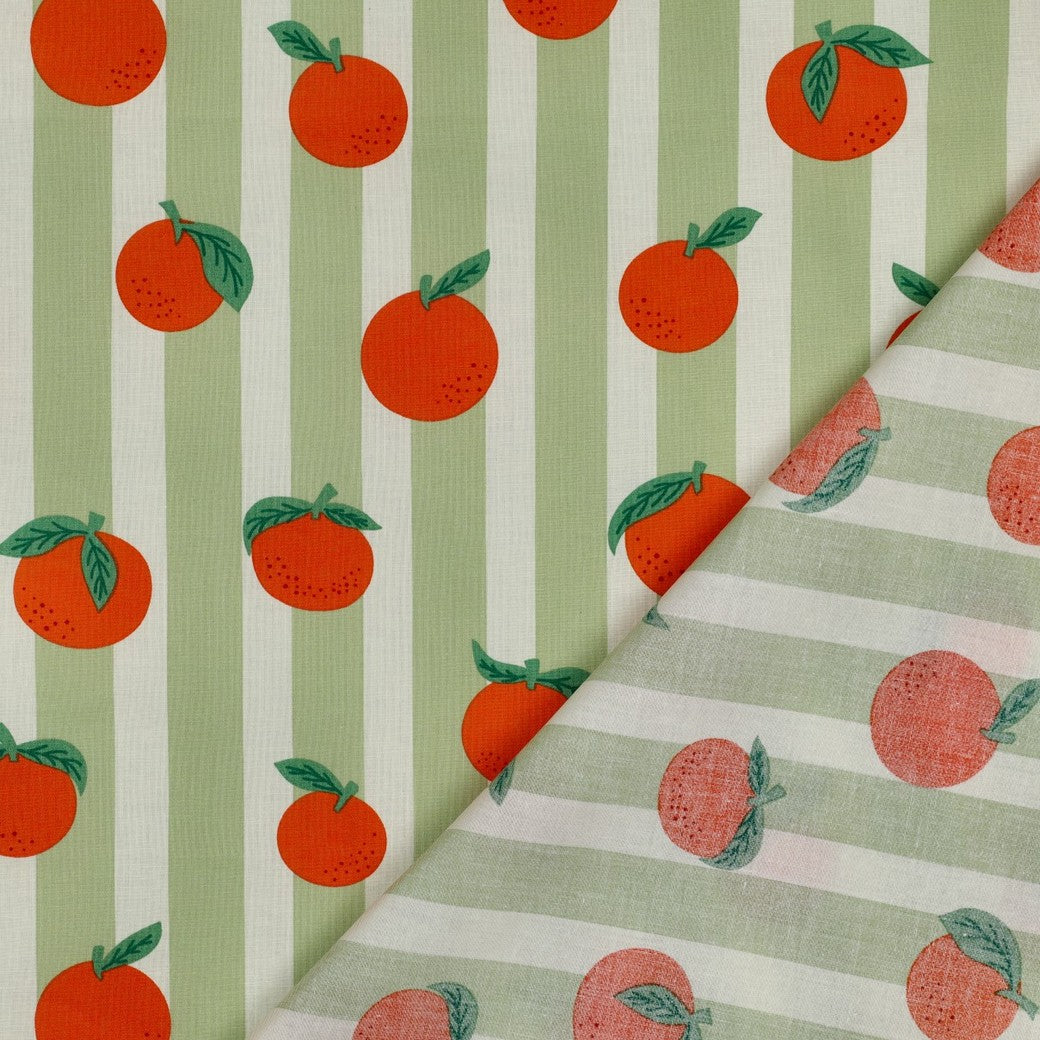 Beschichtete Baumwolle Früchte Orangen Streifen grün