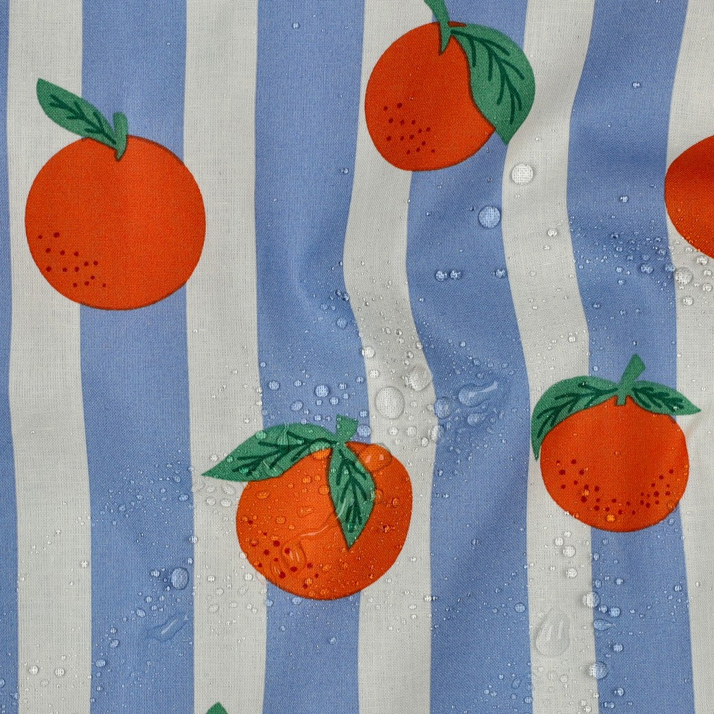 Beschichtete Baumwolle Früchte Orangen Streifen blau