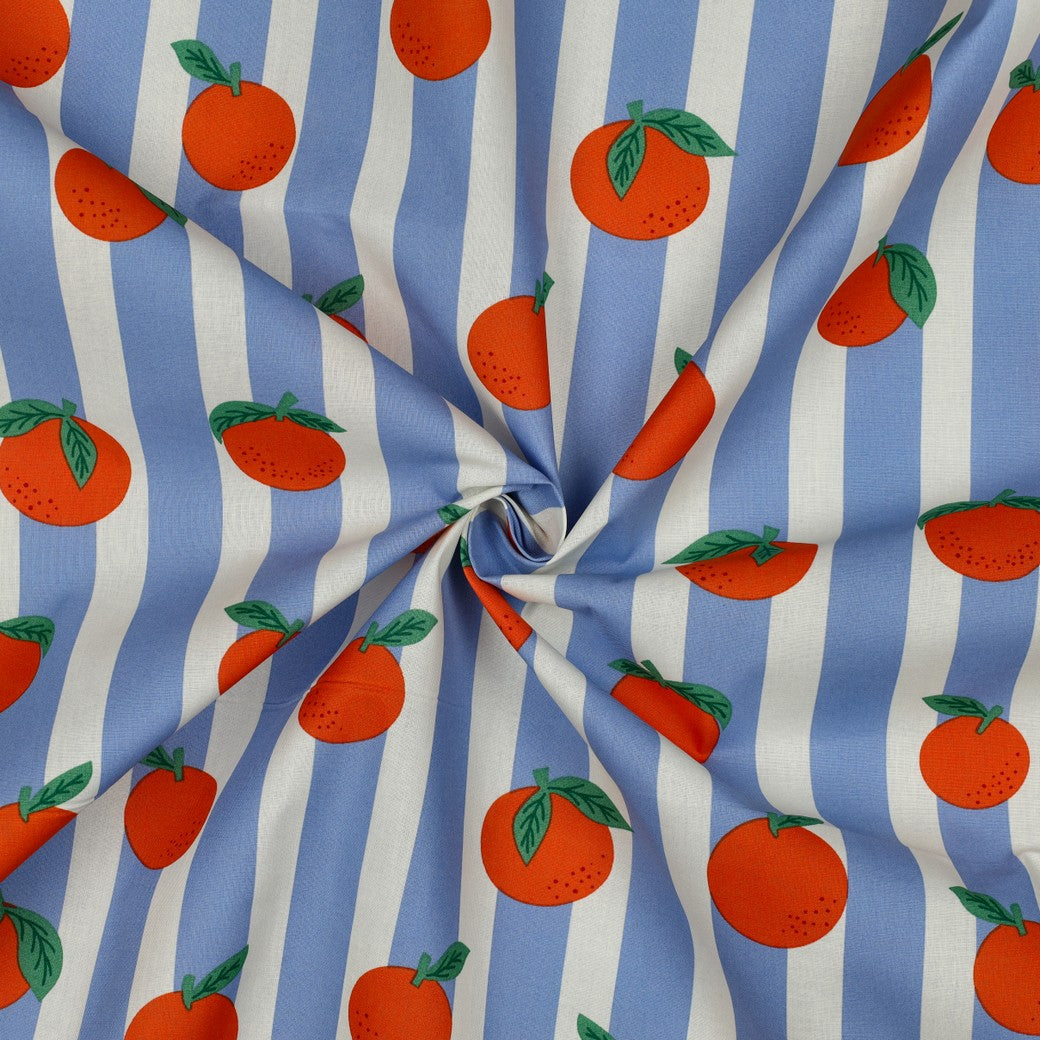 Beschichtete Baumwolle Früchte Orangen Streifen blau