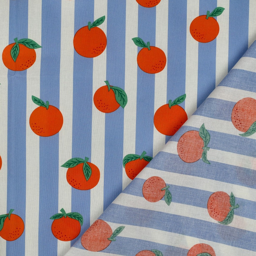 Beschichtete Baumwolle Früchte Orangen Streifen blau