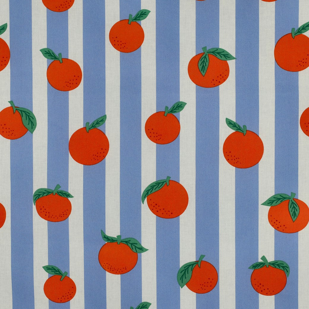 Beschichtete Baumwolle Früchte Orangen Streifen blau
