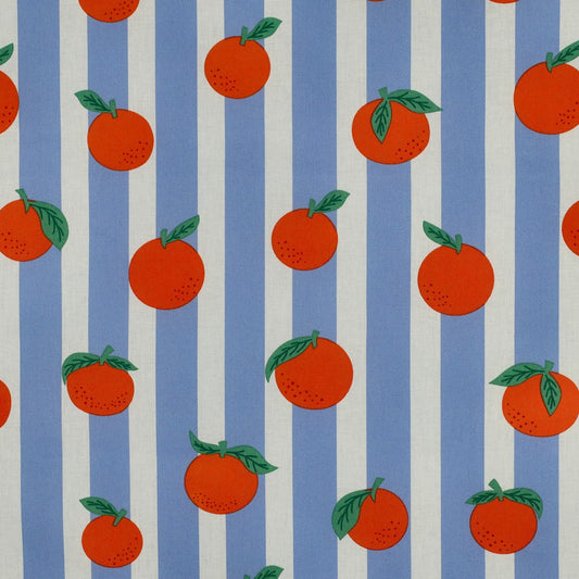 Beschichtete Baumwolle Früchte Orangen Streifen blau