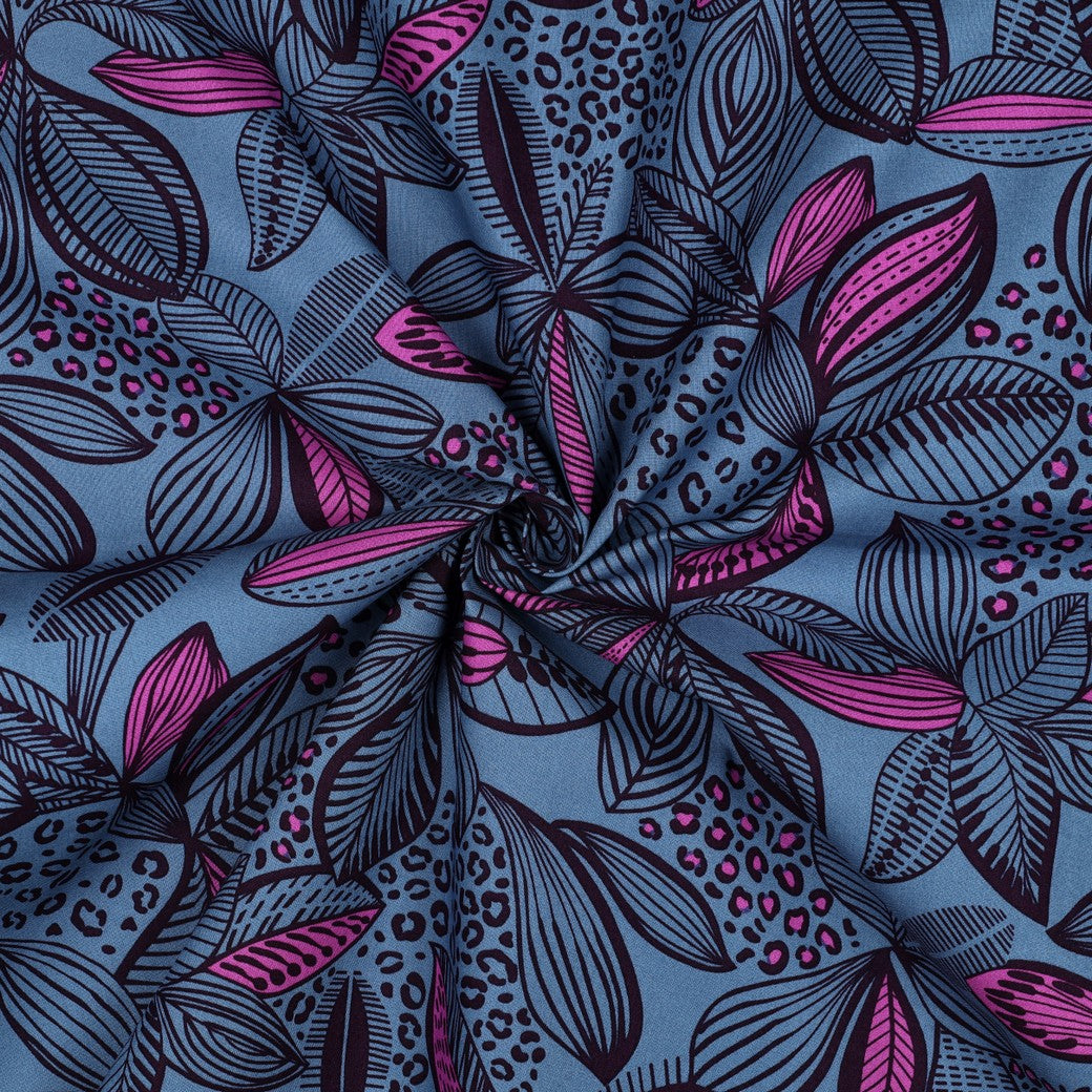 Beschichtete Baumwolle Blätter blau pink