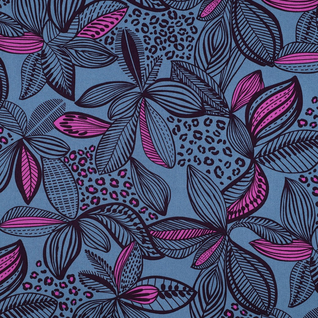 Beschichtete Baumwolle Blätter blau pink