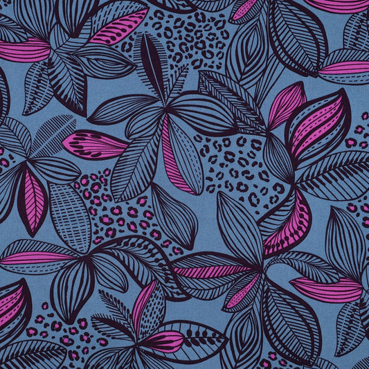 Beschichtete Baumwolle Blätter blau pink